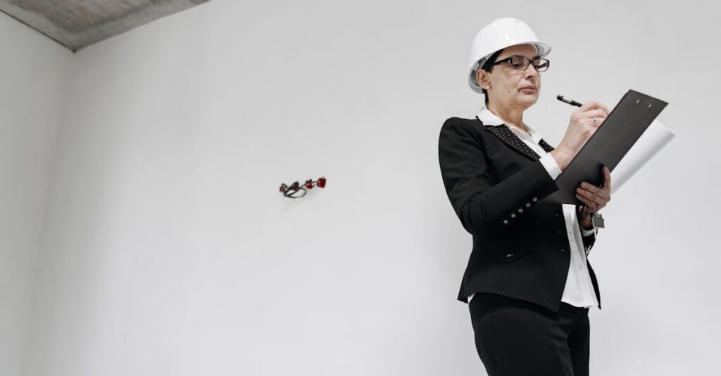 Businesswoman in formal attire with helmet inspecting a renovation project indoors.